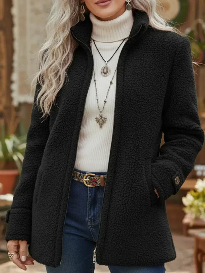 Women's Fuzzy Fleece Full-Zip Stand Collar Coat - Black