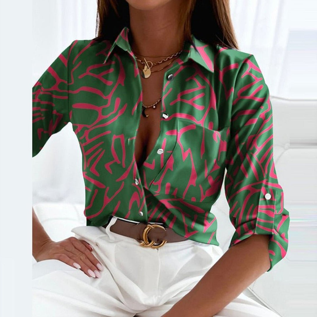 Women's Geometric-Print Button-Down Collared Blouse - Green