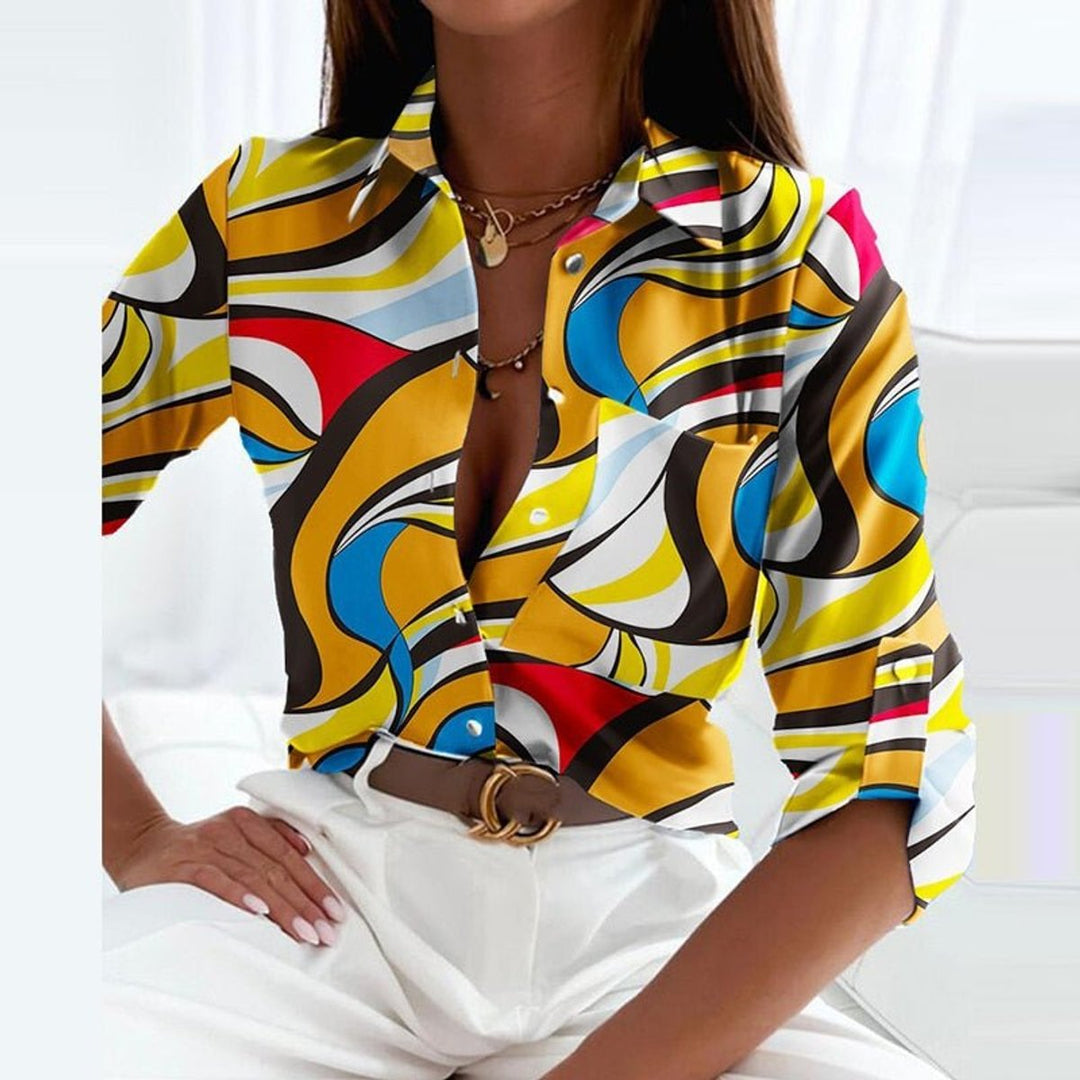 Women's Geometric-Print Button-Down Collared Blouse - Yellow Labyrinth