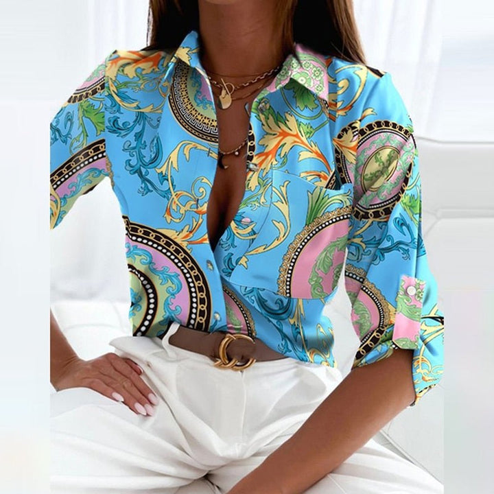 Women's Geometric-Print Button-Down Collared Blouse - Light Blue