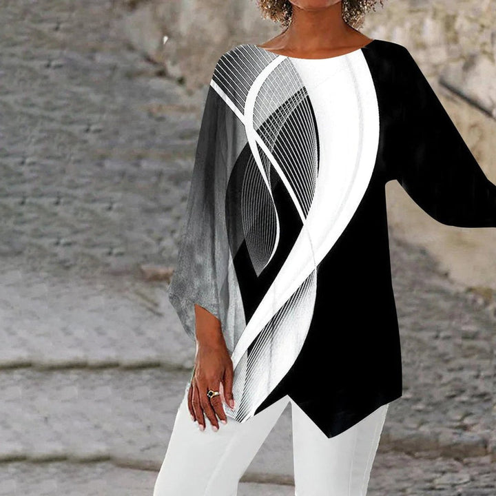 Women's Geometric Print Long Sleeve Asymmetric Tunic Top - Black and White