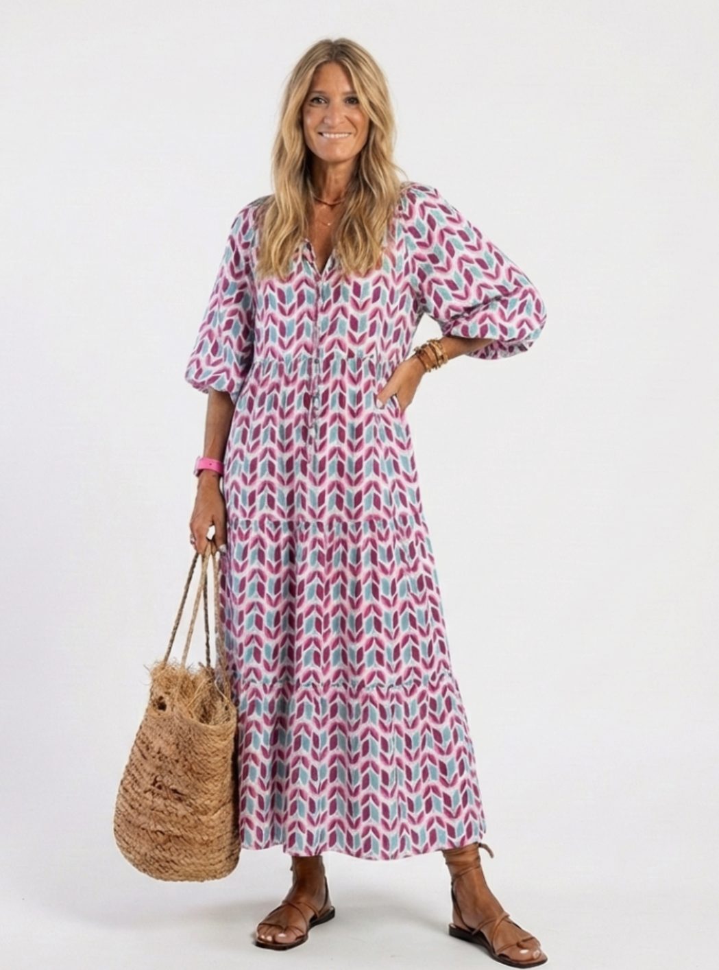 Women's Geometric Print Long Sleeve Tiered Maxi Dress - Rose Gold