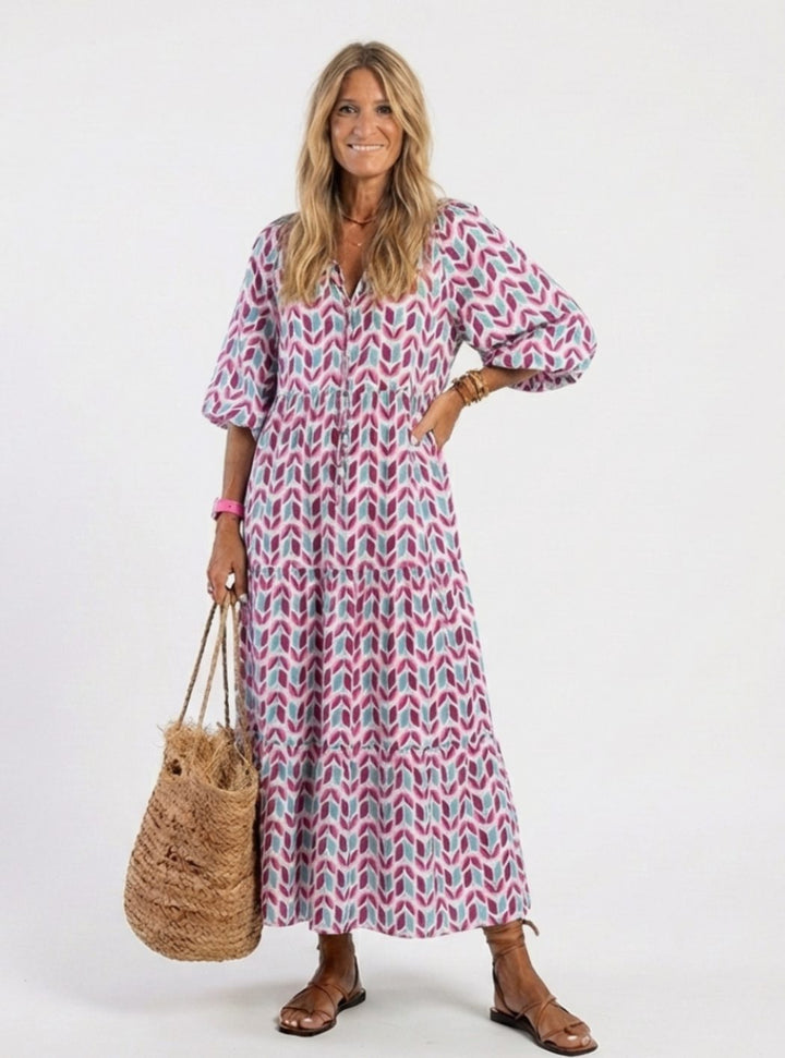 Women's Geometric Print Long Sleeve Tiered Maxi Dress - Rose Gold
