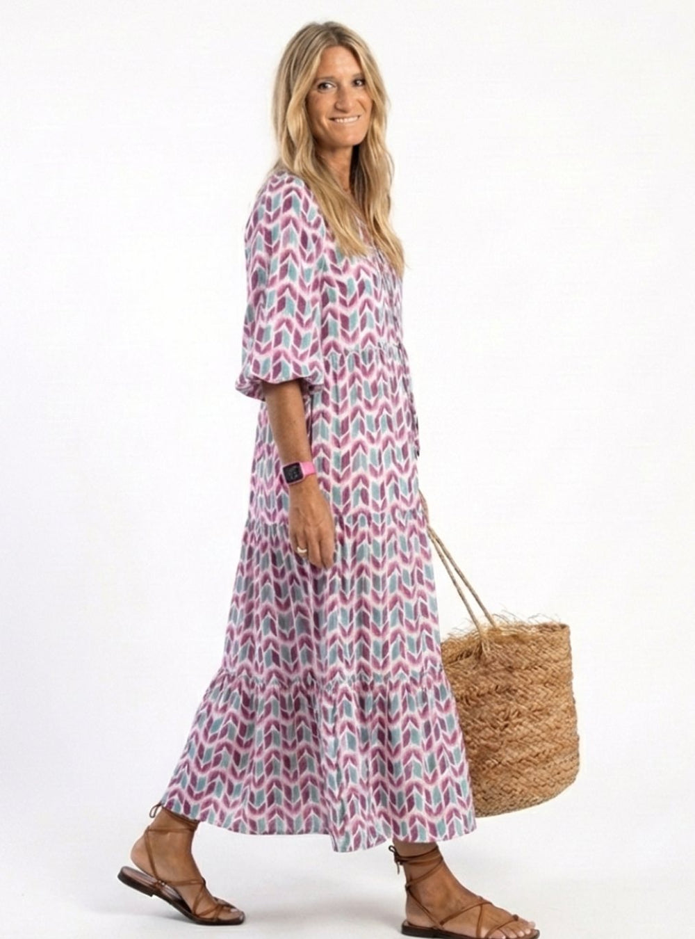 Women's Geometric Print Long Sleeve Tiered Maxi Dress