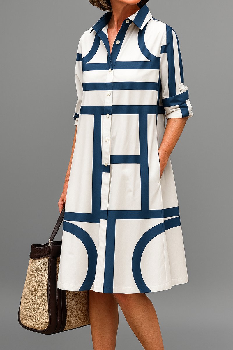 Women's Geometric Print Shirt Cocktail Dress Midi Length - White Blue
