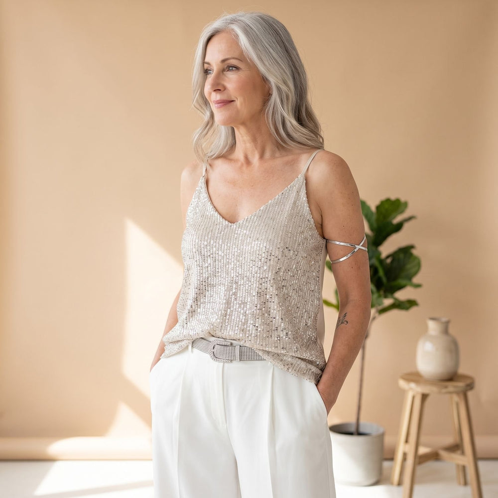 Women's Glam Sequin Sleeveless V-Neck Cami Top