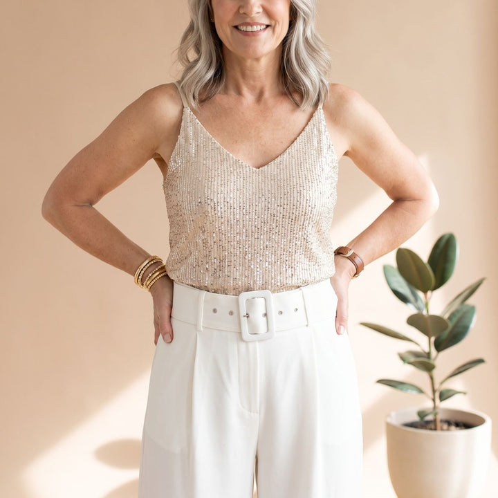 Women's Glam Sequin Sleeveless V-Neck Cami Top - Beige