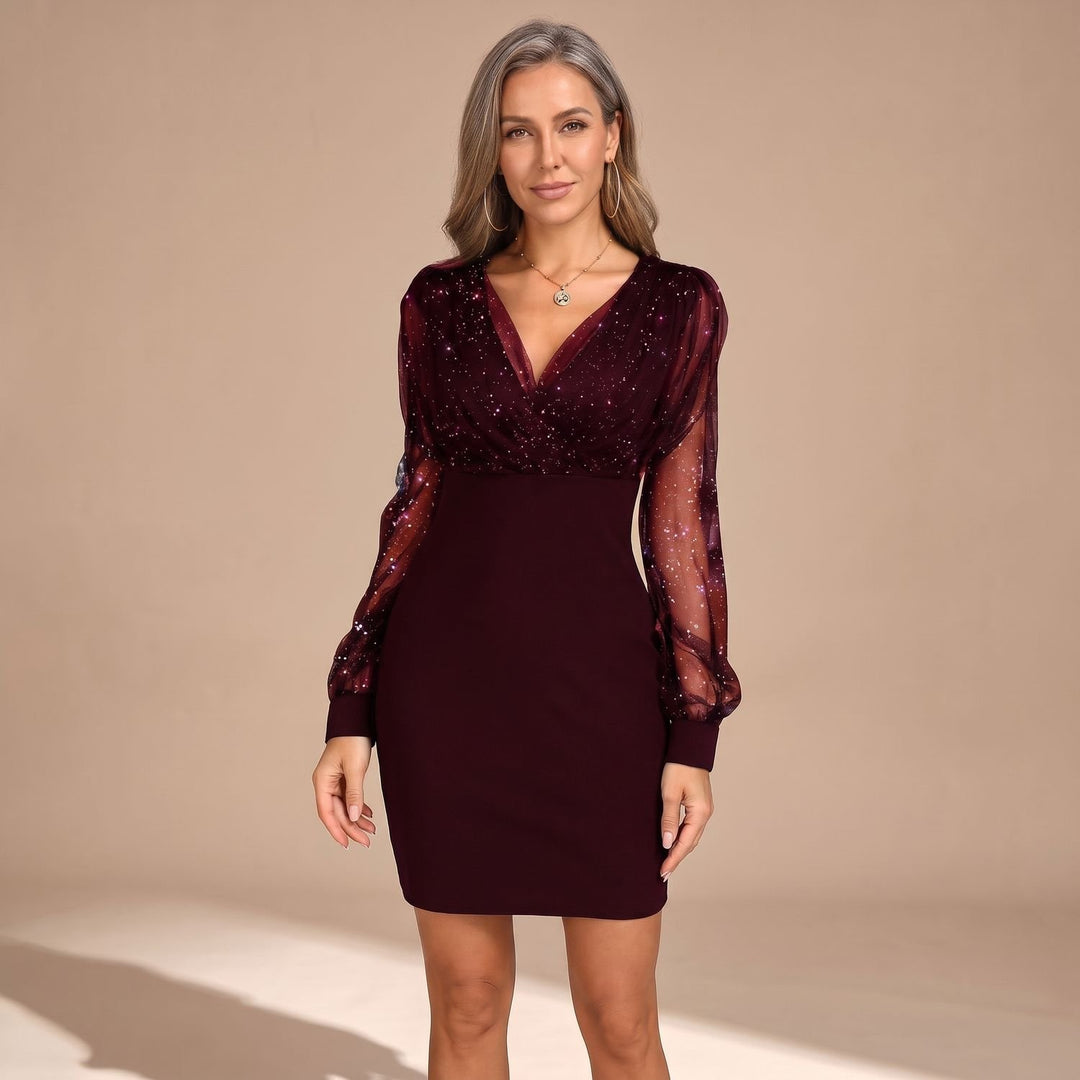 Women's Glitter Mesh V-Neck Long Sleeve Mini Cocktail Dress - Red