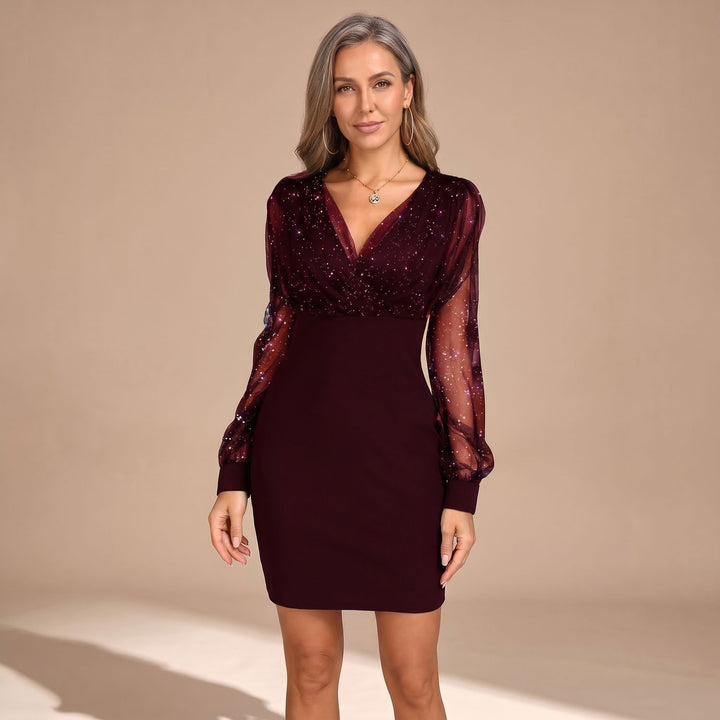 Women's Glitter Mesh V-Neck Long Sleeve Mini Cocktail Dress - Red