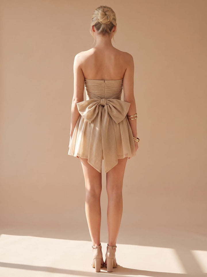 Women's Glitter Pleated Bustier Mini Christmas Party Dress - Gold