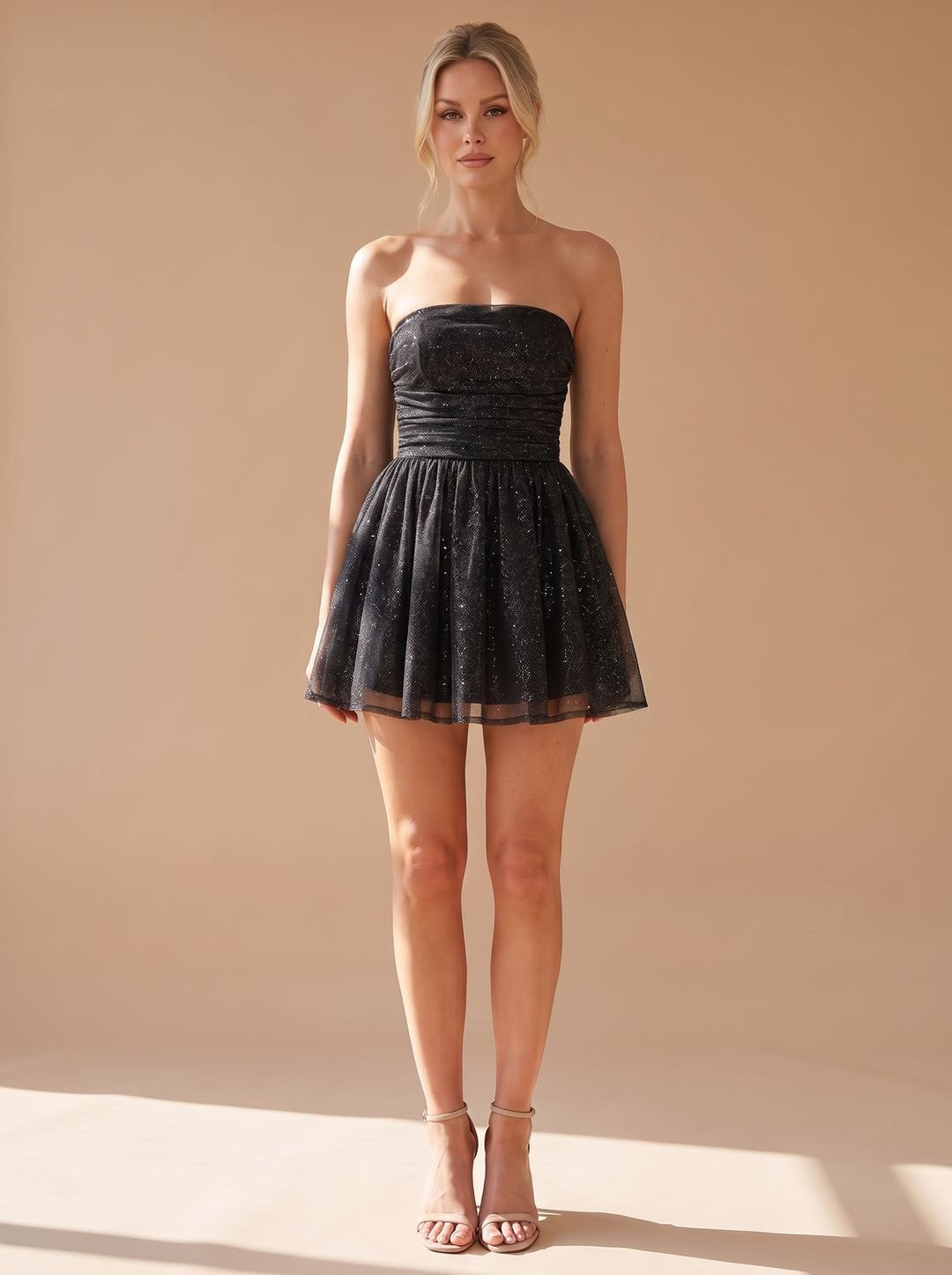 Women's Glitter Pleated Bustier Mini Christmas Party Dress - Black