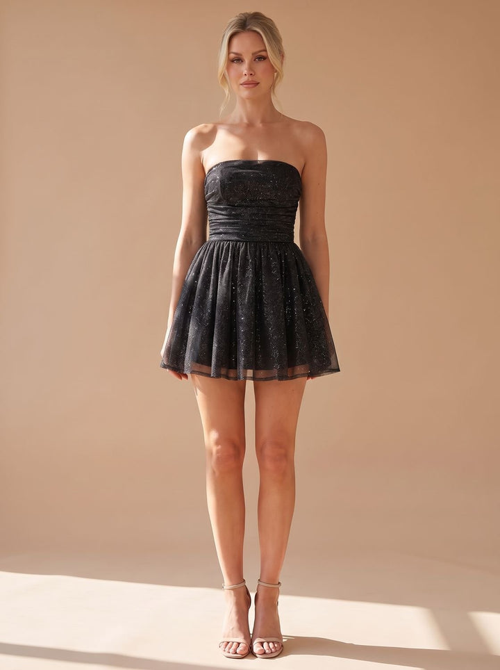 Women's Glitter Pleated Bustier Mini Christmas Party Dress - Black