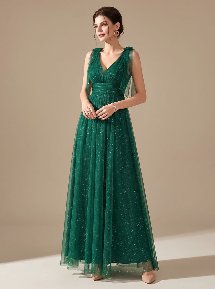 Women's Glitter Sequin V-Neck Sleeveless Floor-Length Formal Gown