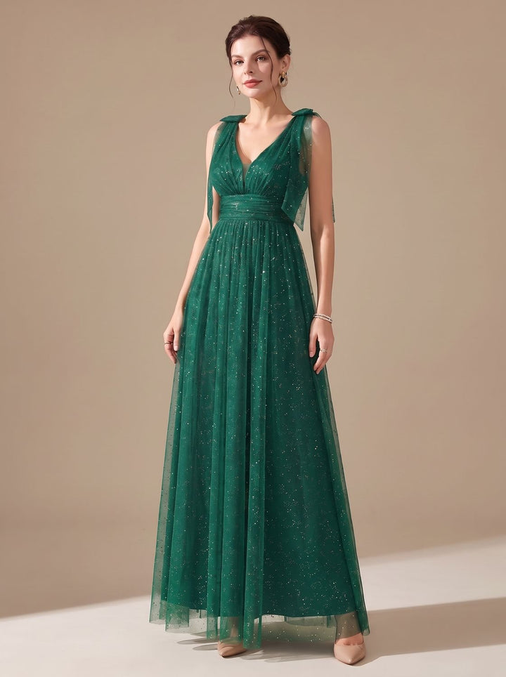 Women's Glitter Sequin V-Neck Sleeveless Floor-Length Formal Gown - Green