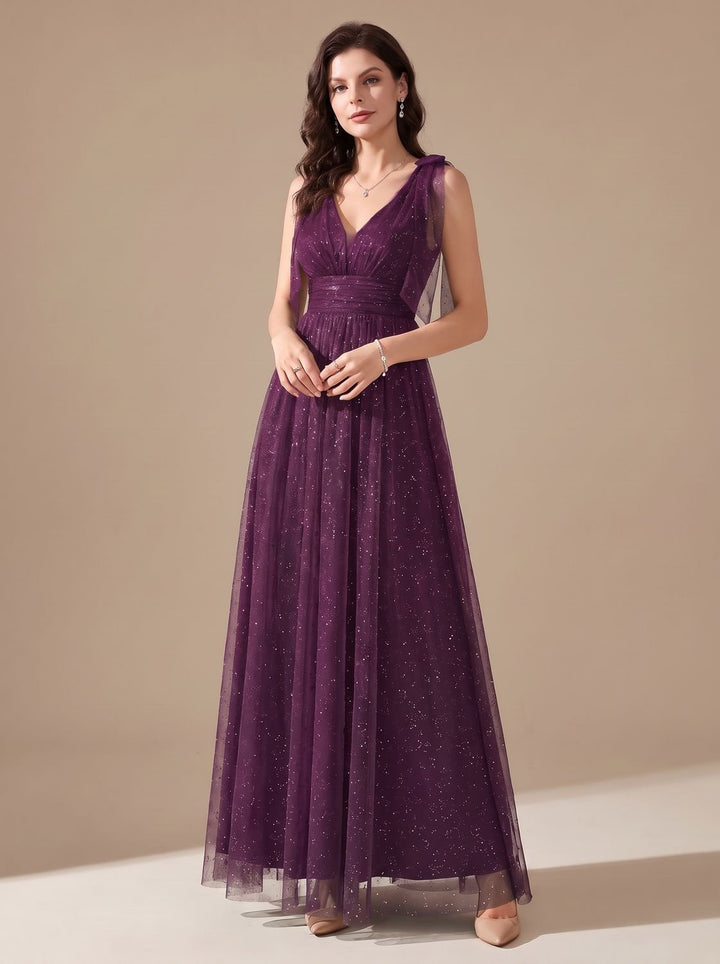 Women's Glitter Sequin V-Neck Sleeveless Floor-Length Formal Gown - Purple
