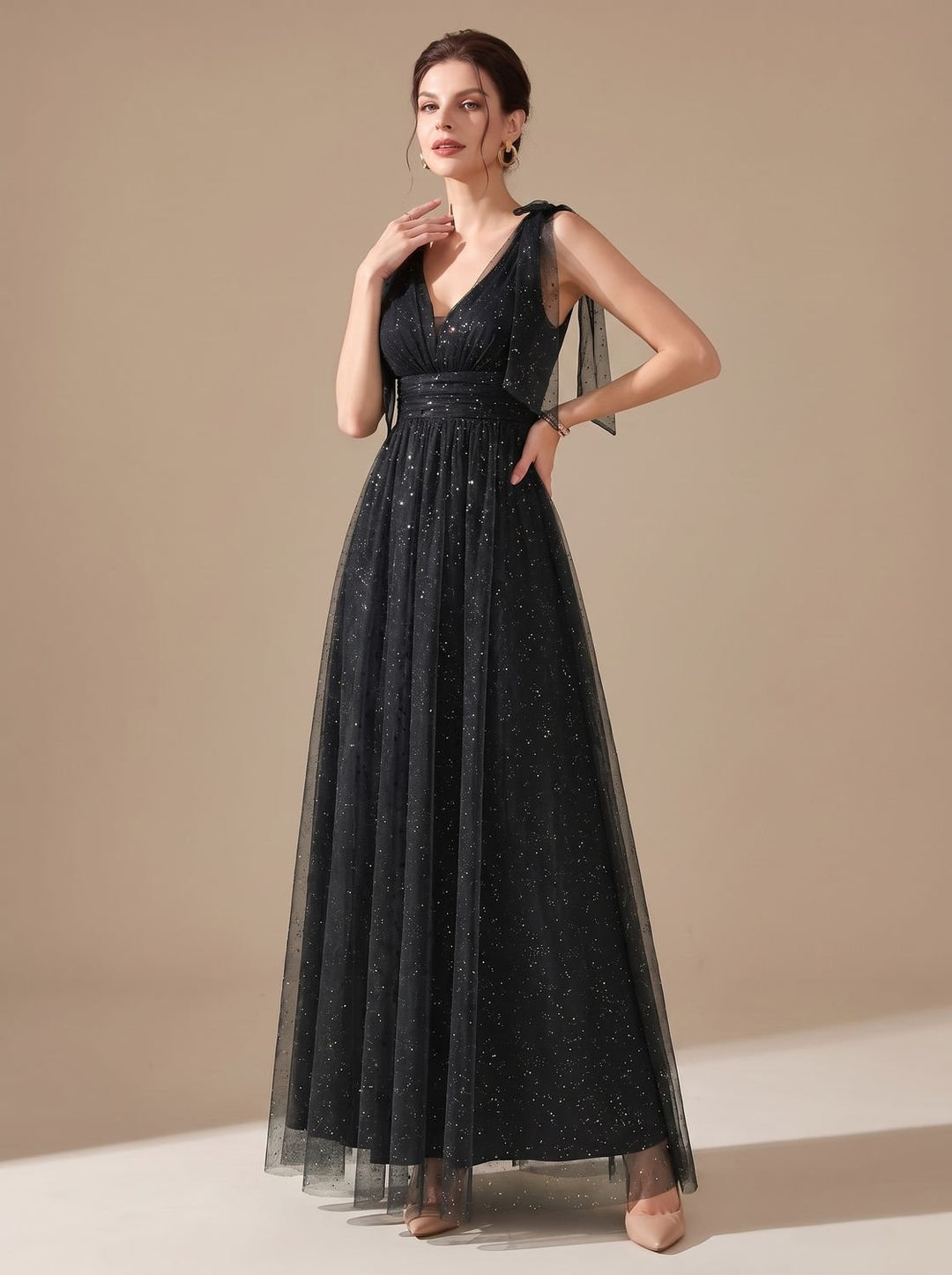 Women's Glitter Sequin V-Neck Sleeveless Floor-Length Formal Gown - Black