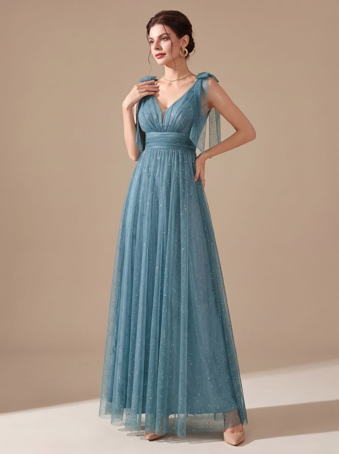 Women's Glitter Sequin V-Neck Sleeveless Floor-Length Formal Gown - Light Blue