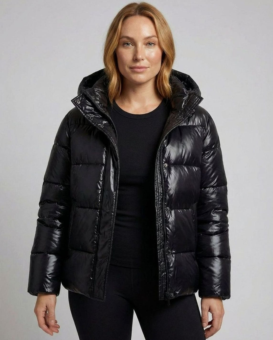 Women's Glossy Hooded Loose-Fit Quilted Jacket - Black