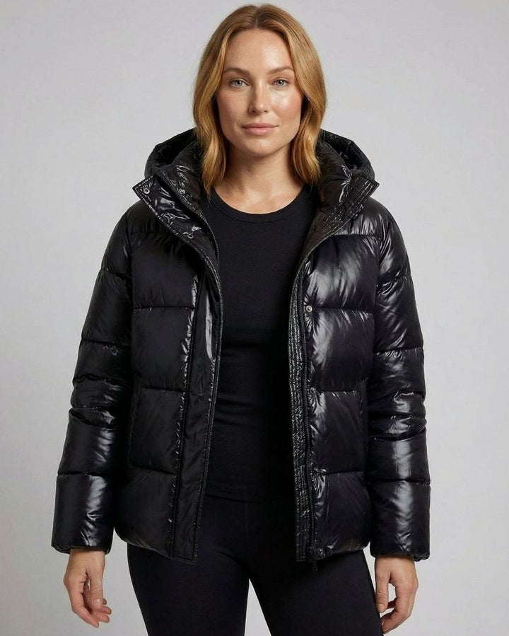 Women's Glossy Hooded Loose-Fit Quilted Jacket - Black