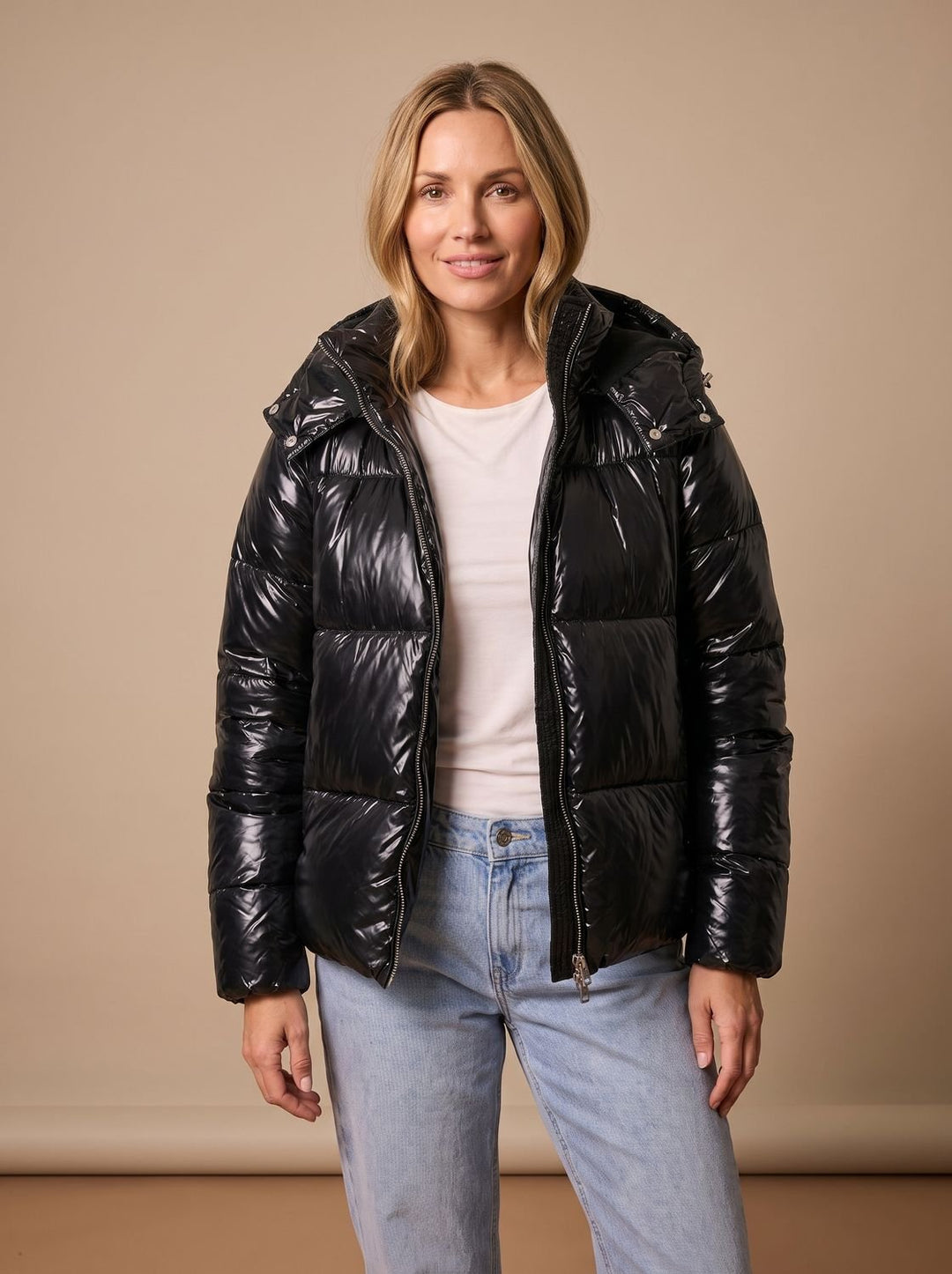 Women's Glossy Hooded Quilted Puffer Jacket - Black