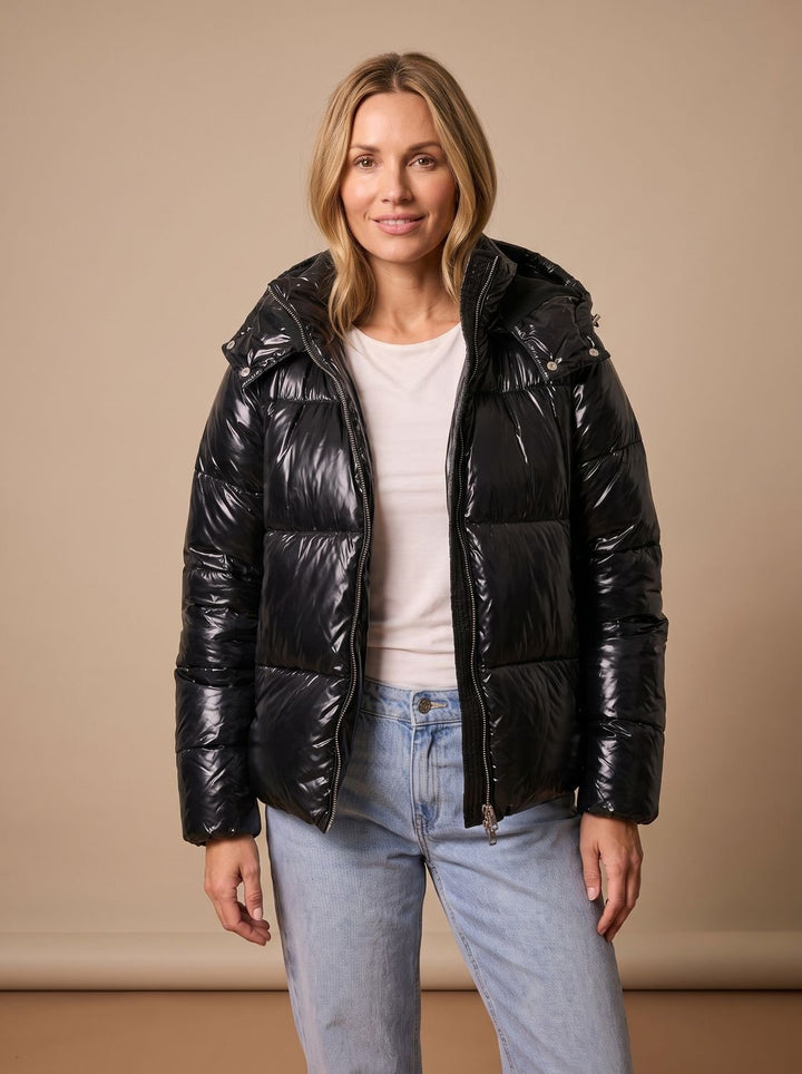 Women's Glossy Hooded Quilted Puffer Jacket - Black