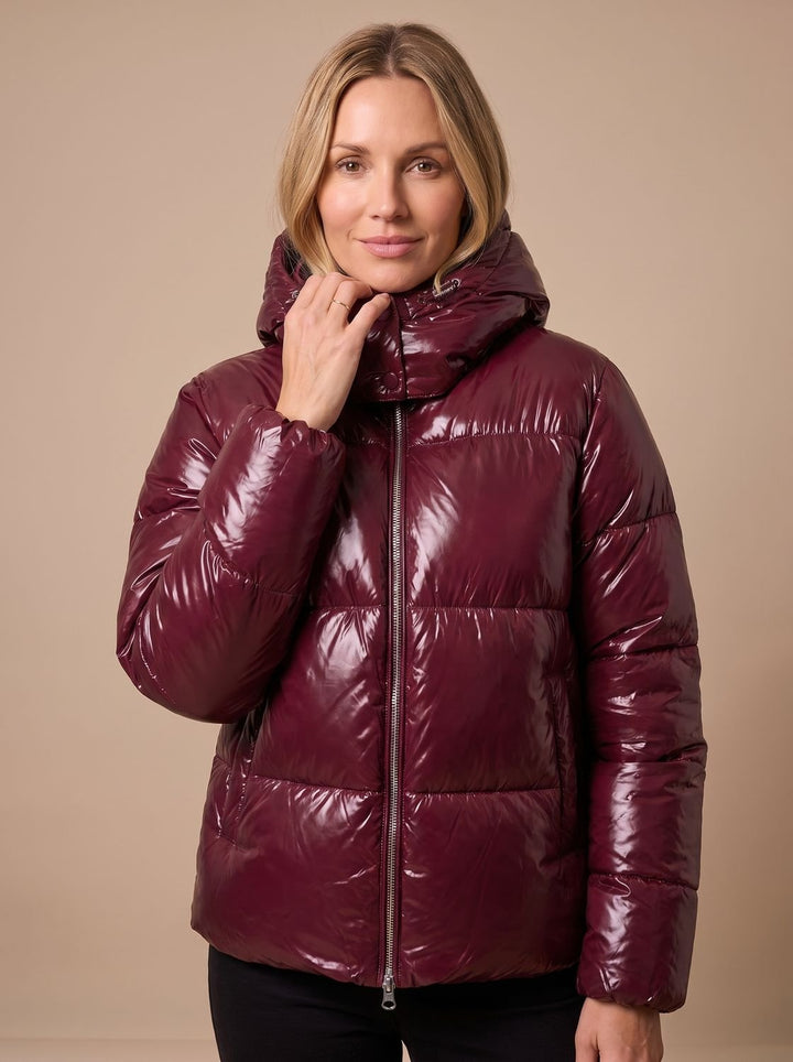 Women's Glossy Hooded Quilted Puffer Jacket - Red