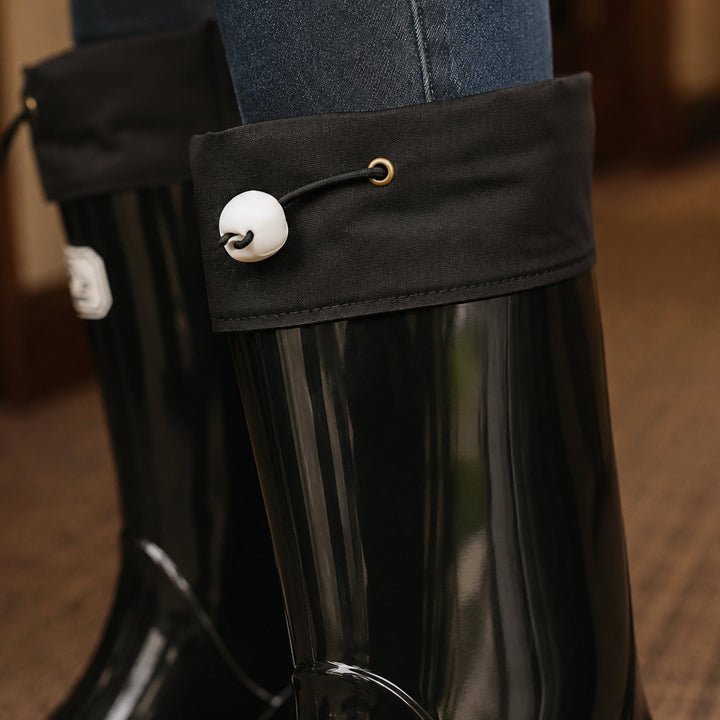 Women's Glossy Rubber Drawstring Knee-High Rain Boots