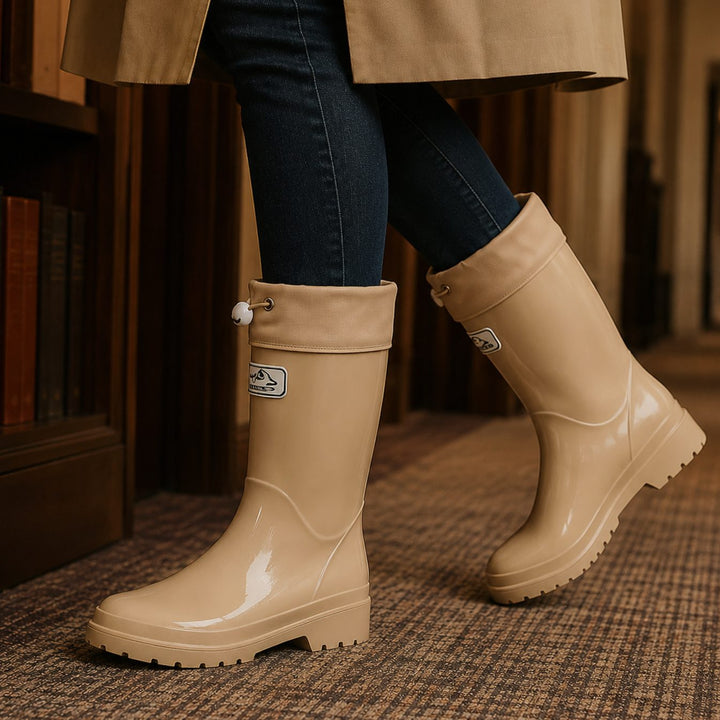 Women's Glossy Rubber Drawstring Knee-High Rain Boots - Beige