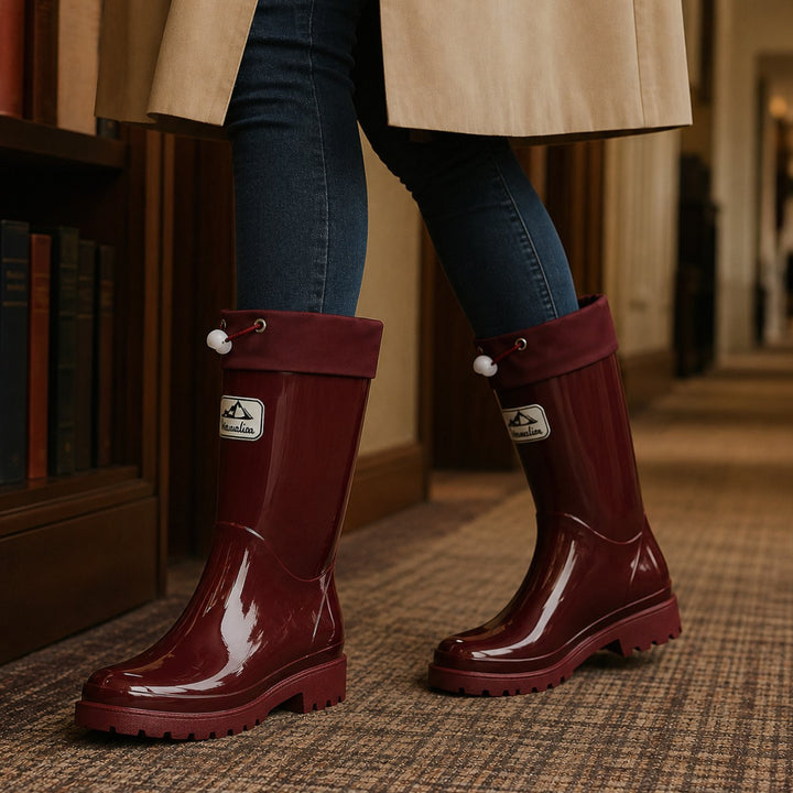 Women's Glossy Rubber Drawstring Knee-High Rain Boots - Burgundy