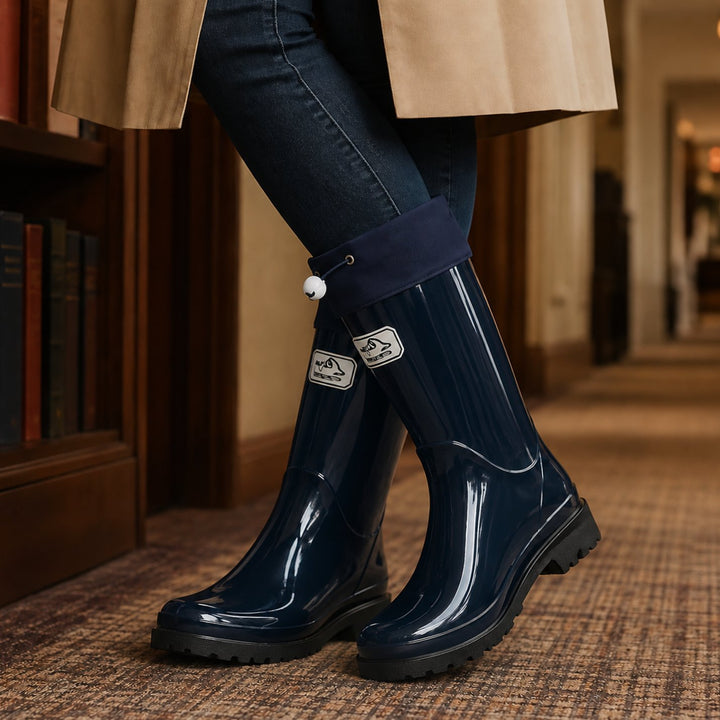 Women's Glossy Rubber Drawstring Knee-High Rain Boots - Navy