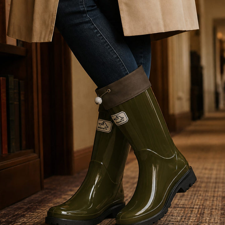 Women's Glossy Rubber Drawstring Knee-High Rain Boots - Olive Green