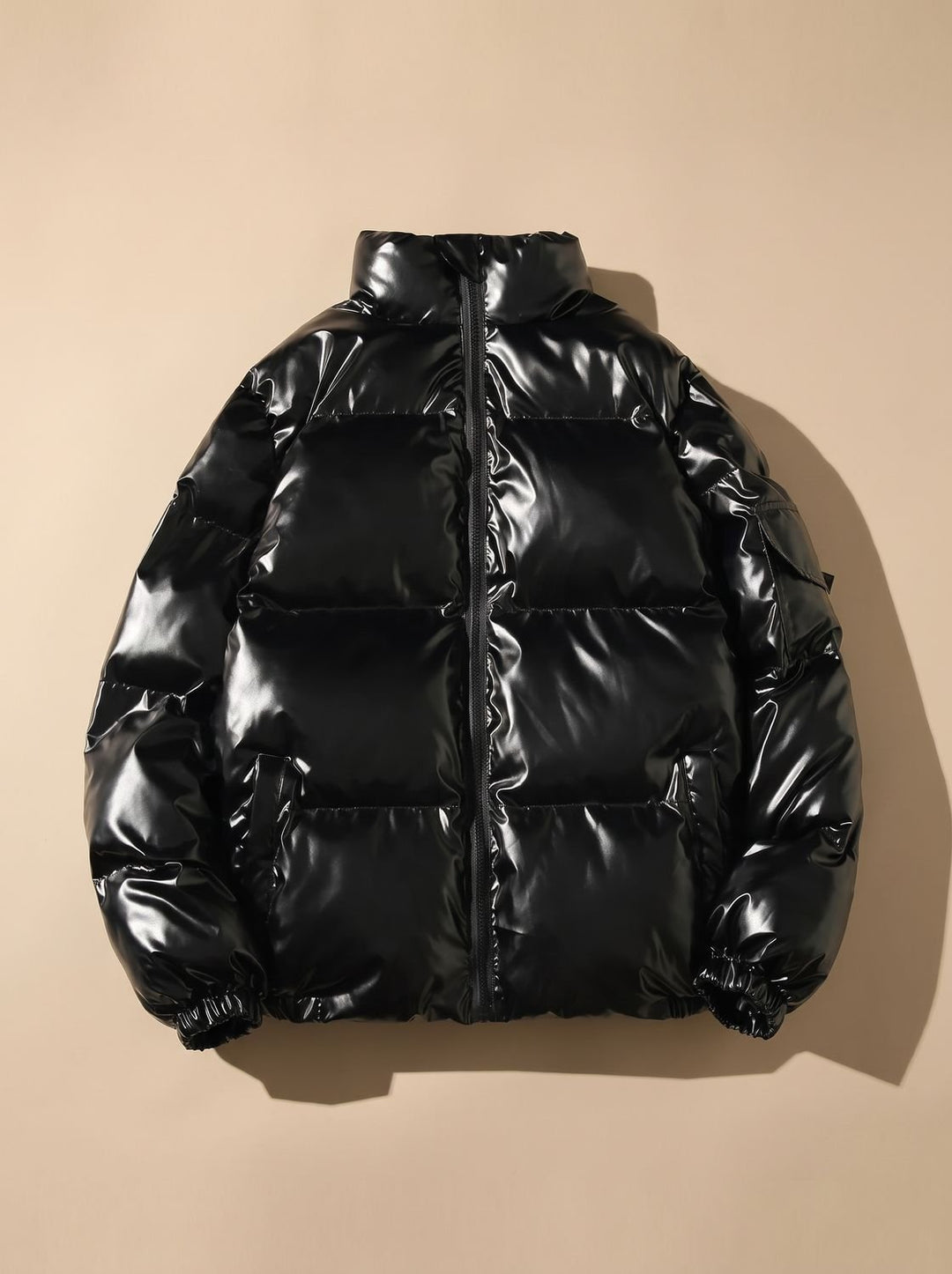 Women's Glossy Zip-Up Stand-Collar Puffer Jacket - Stand Collar Black