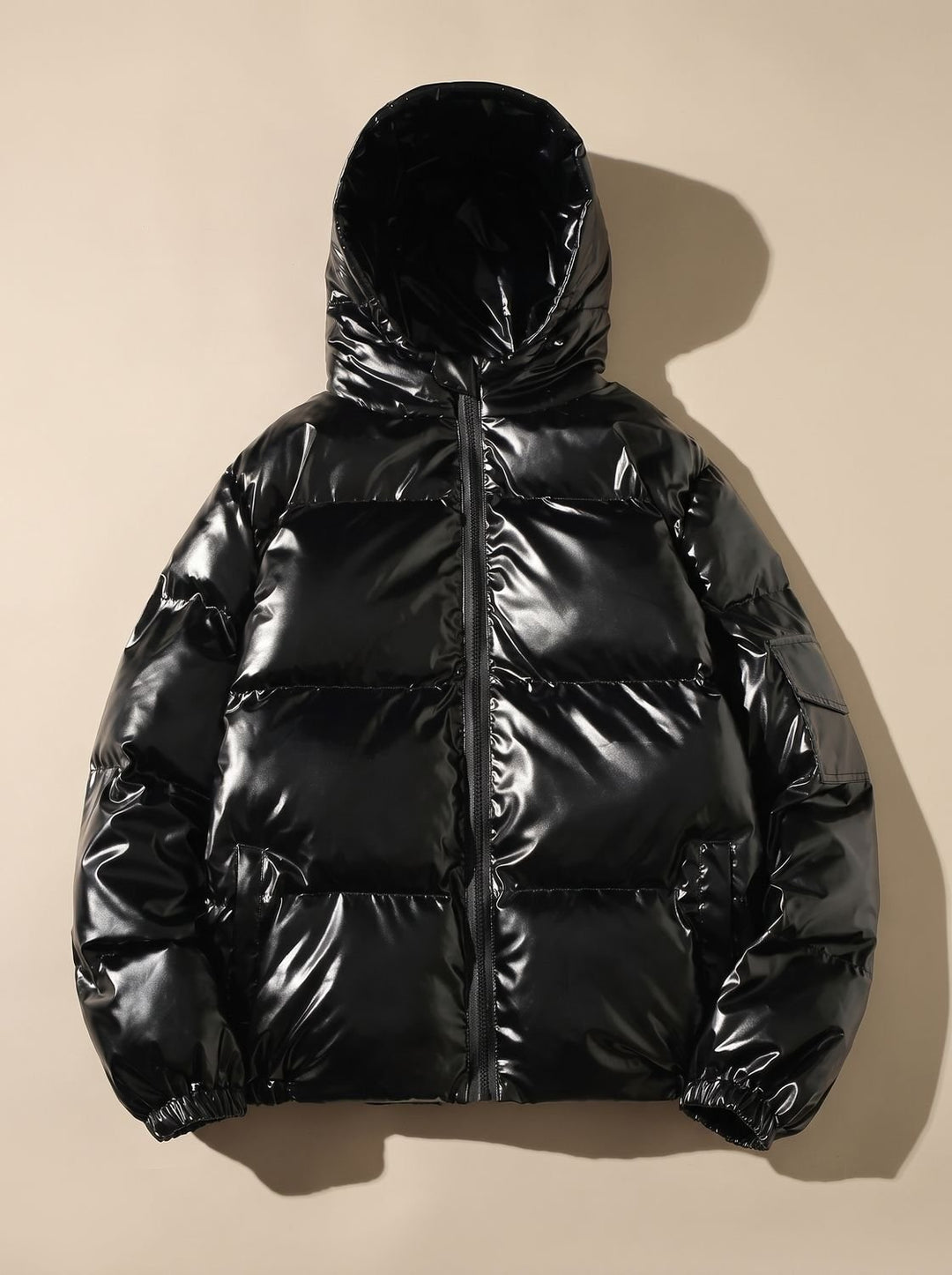 Women's Glossy Zip-Up Stand-Collar Puffer Jacket - Hooded Black