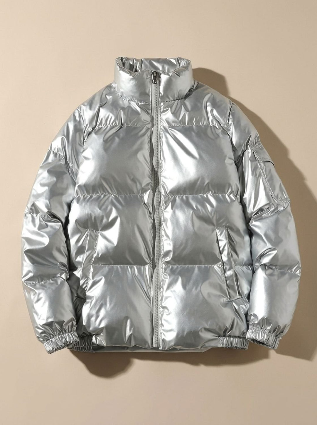 Women's Glossy Zip-Up Stand-Collar Puffer Jacket - Stand Collar Silver