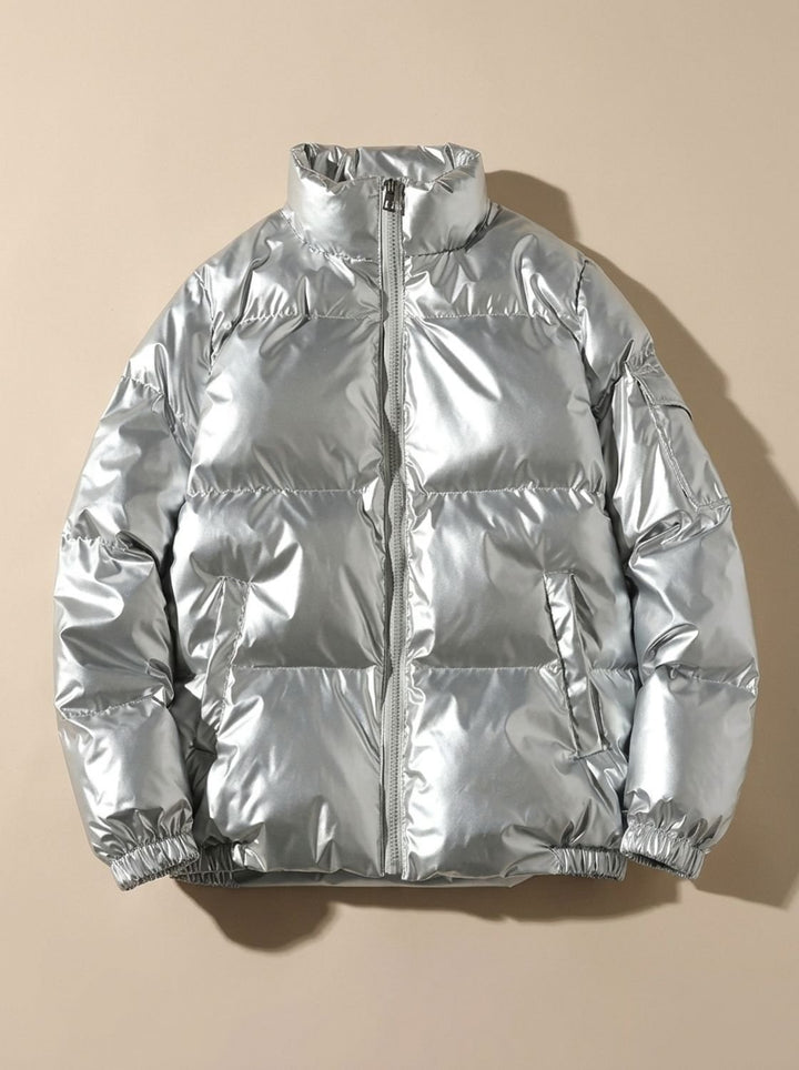 Women's Glossy Zip-Up Stand-Collar Puffer Jacket - Stand Collar Silver