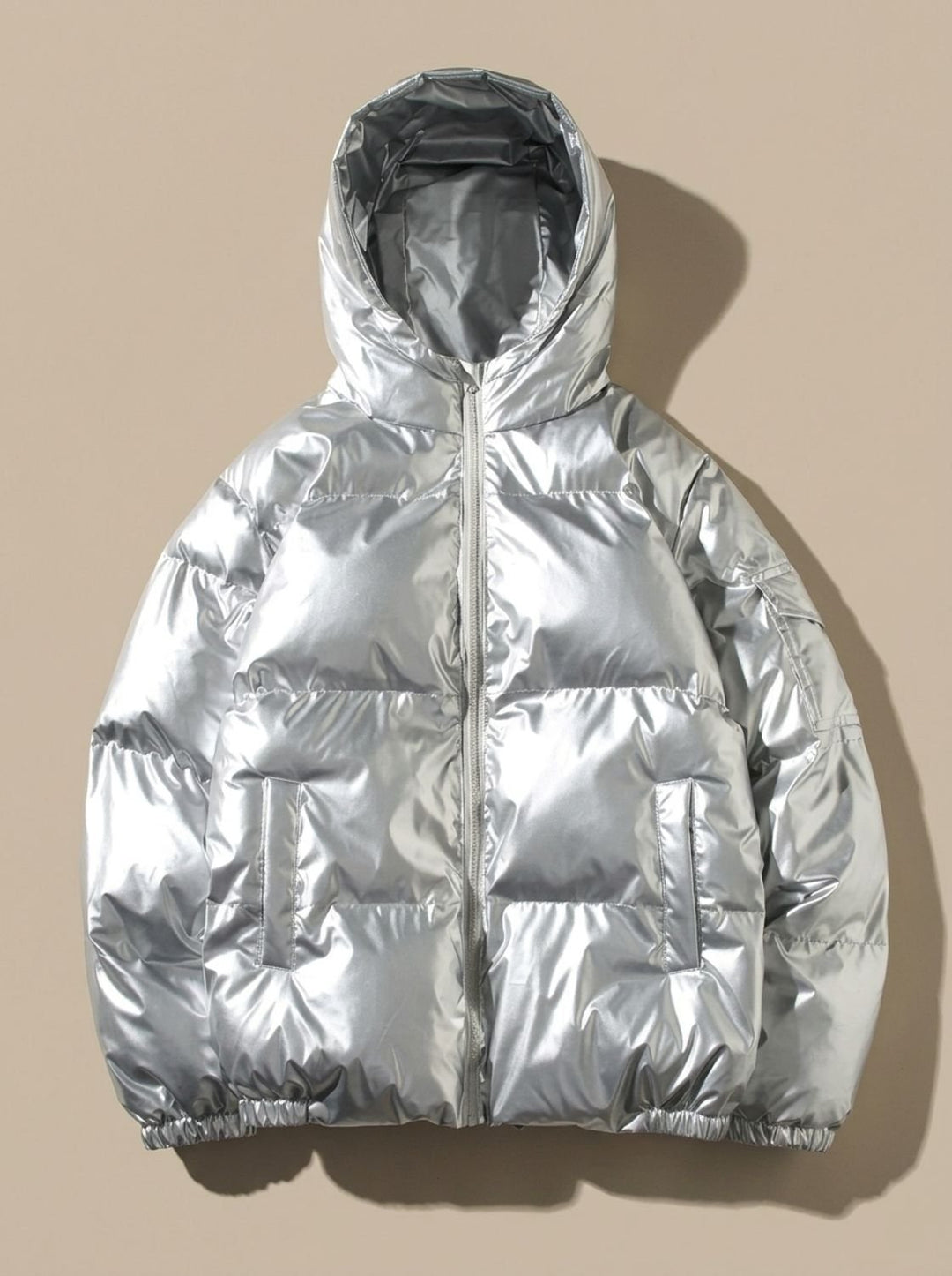 Women's Glossy Zip-Up Stand-Collar Puffer Jacket - Hooded Silver