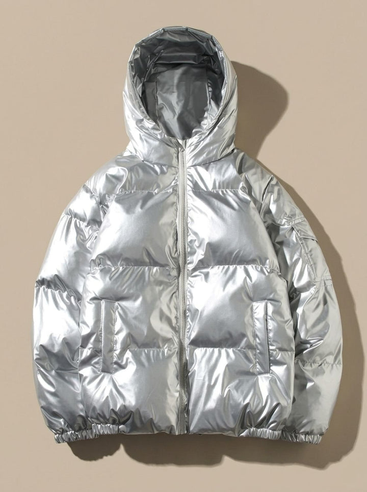 Women's Glossy Zip-Up Stand-Collar Puffer Jacket - Hooded Silver