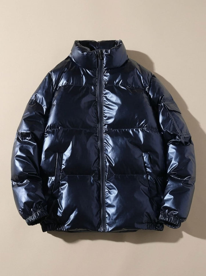 Women's Glossy Zip-Up Stand-Collar Puffer Jacket - Stand Collar Blue