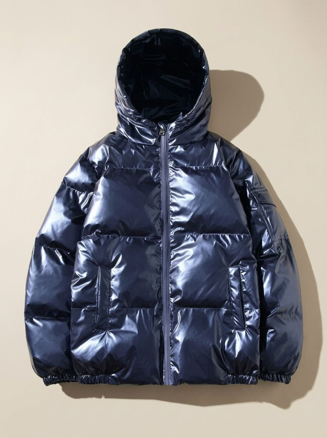Women's Glossy Zip-Up Stand-Collar Puffer Jacket - Hooded Blue