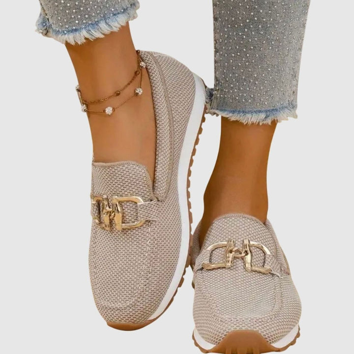 Women's Gold-Buckle Slip-On Sneaker Loafer - Beige