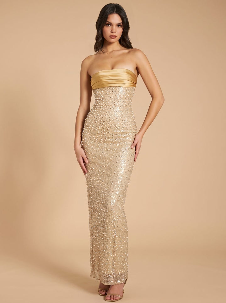 Women's Gold Sequin Strapless Fitted Maxi Dress - Gold