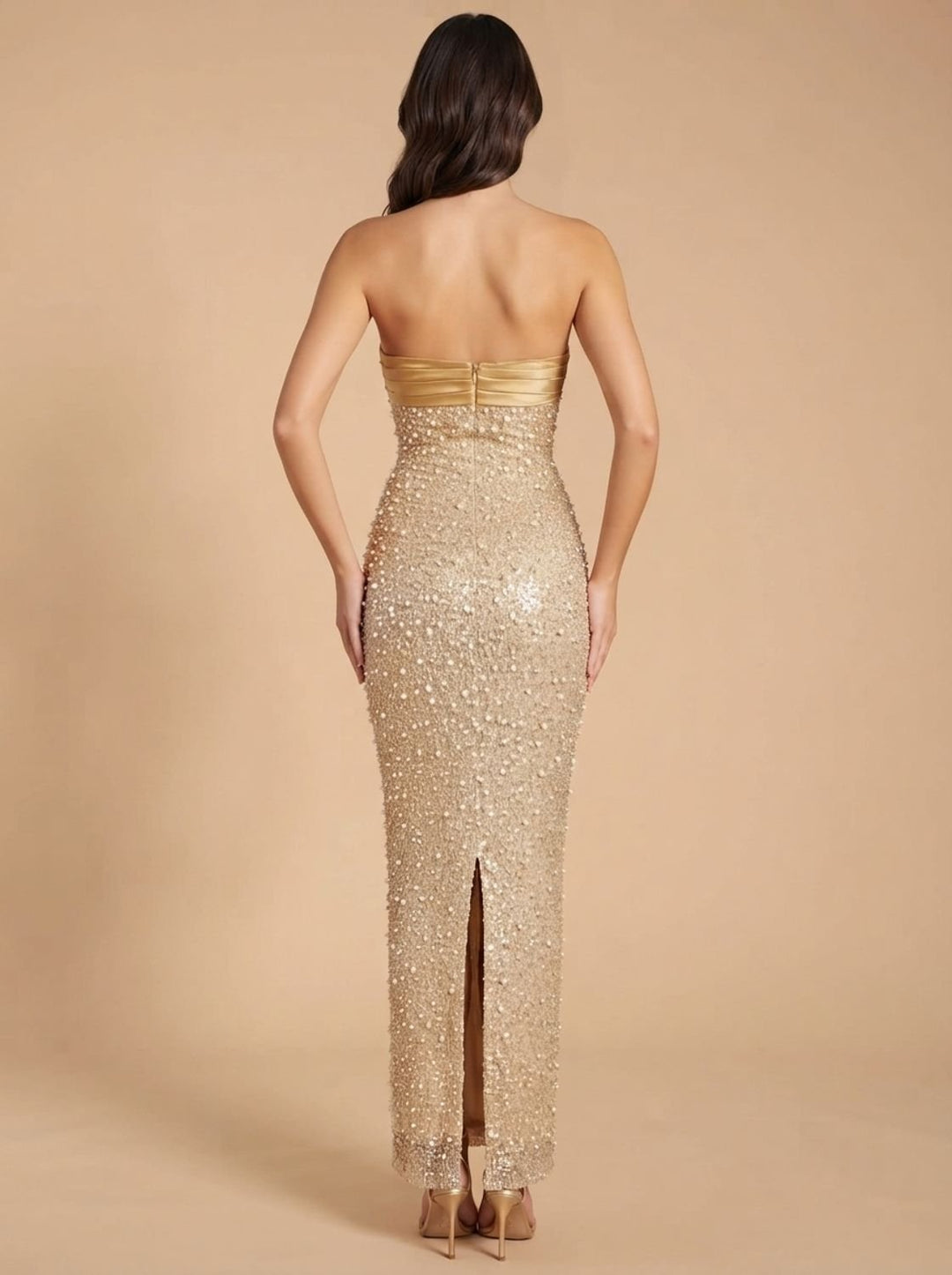 Women's Gold Sequin Strapless Fitted Maxi Dress