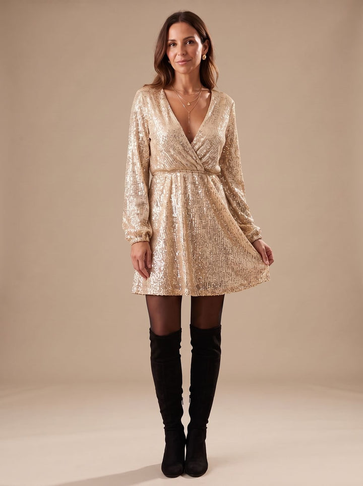 Women's Gold Sequin Wrap-Front Long-Sleeve Mini Dress - Gold