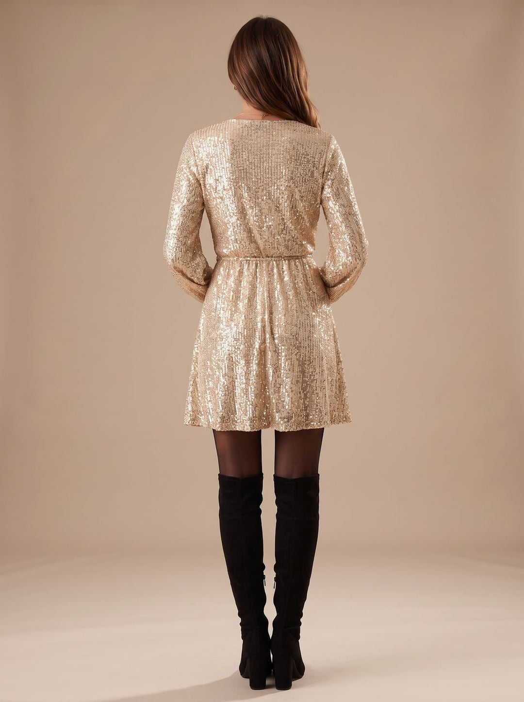 Women's Gold Sequin Wrap-Front Long-Sleeve Mini Dress