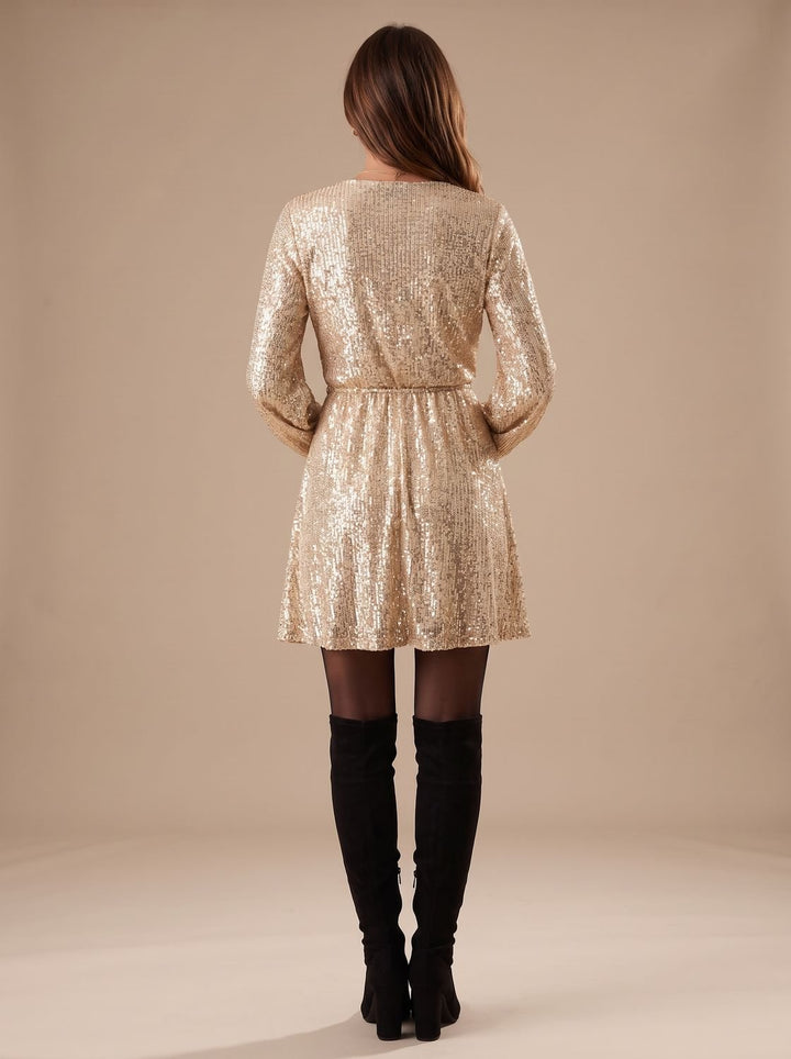 Women's Gold Sequin Wrap-Front Long-Sleeve Mini Dress