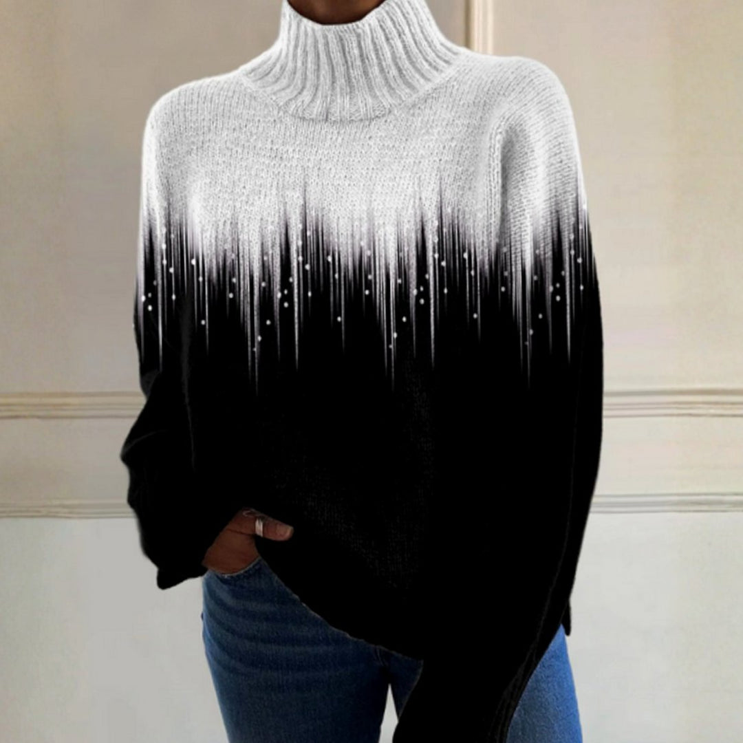 Women's Gradient Turtleneck Long Sleeve Knit Pullover Sweater - Black & White