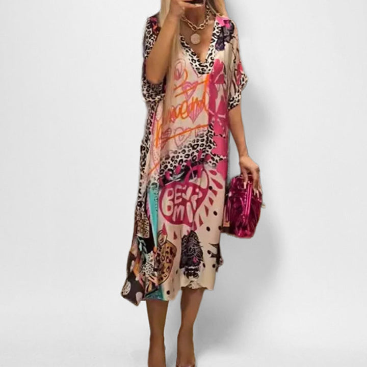 Women's Graphic Print V-Neck Flowy Midi Tunic Dress