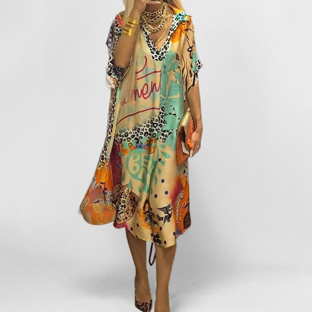 Women's Graphic Print V-Neck Flowy Midi Tunic Dress