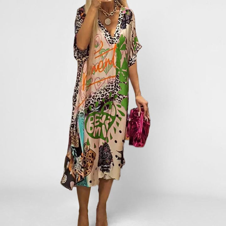 Women's Graphic Print V-Neck Flowy Midi Tunic Dress