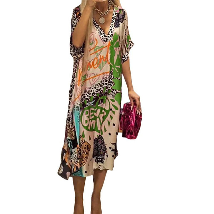 Women's Graphic Print V-Neck Flowy Midi Tunic Dress